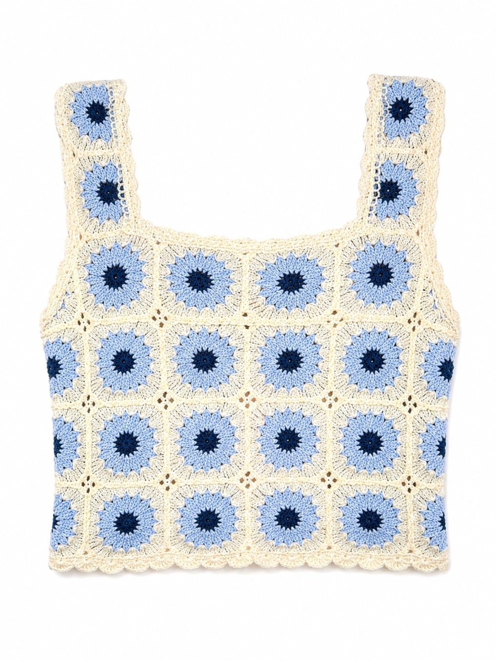 Rebellion Again S Blue Cream Crochet Granny Square Crop Tank 70s Boho Coastal